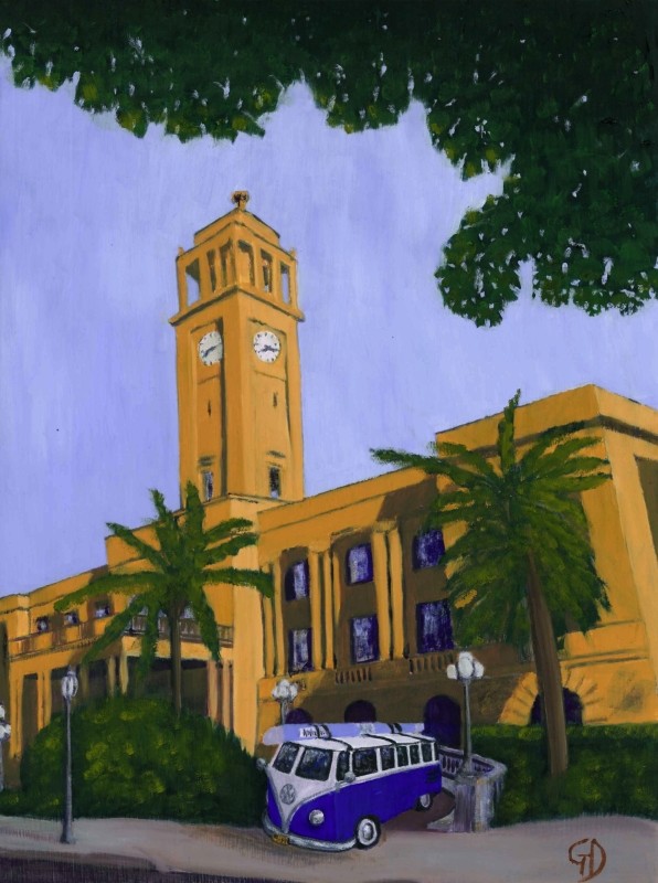 Kombi with hang glider leaving Newcastle City Hall.jpg - Kombi with hang glider leaving Newcastle City Hall Oil on hardboard, 40 x 30 cm Scanned 29th June 2011